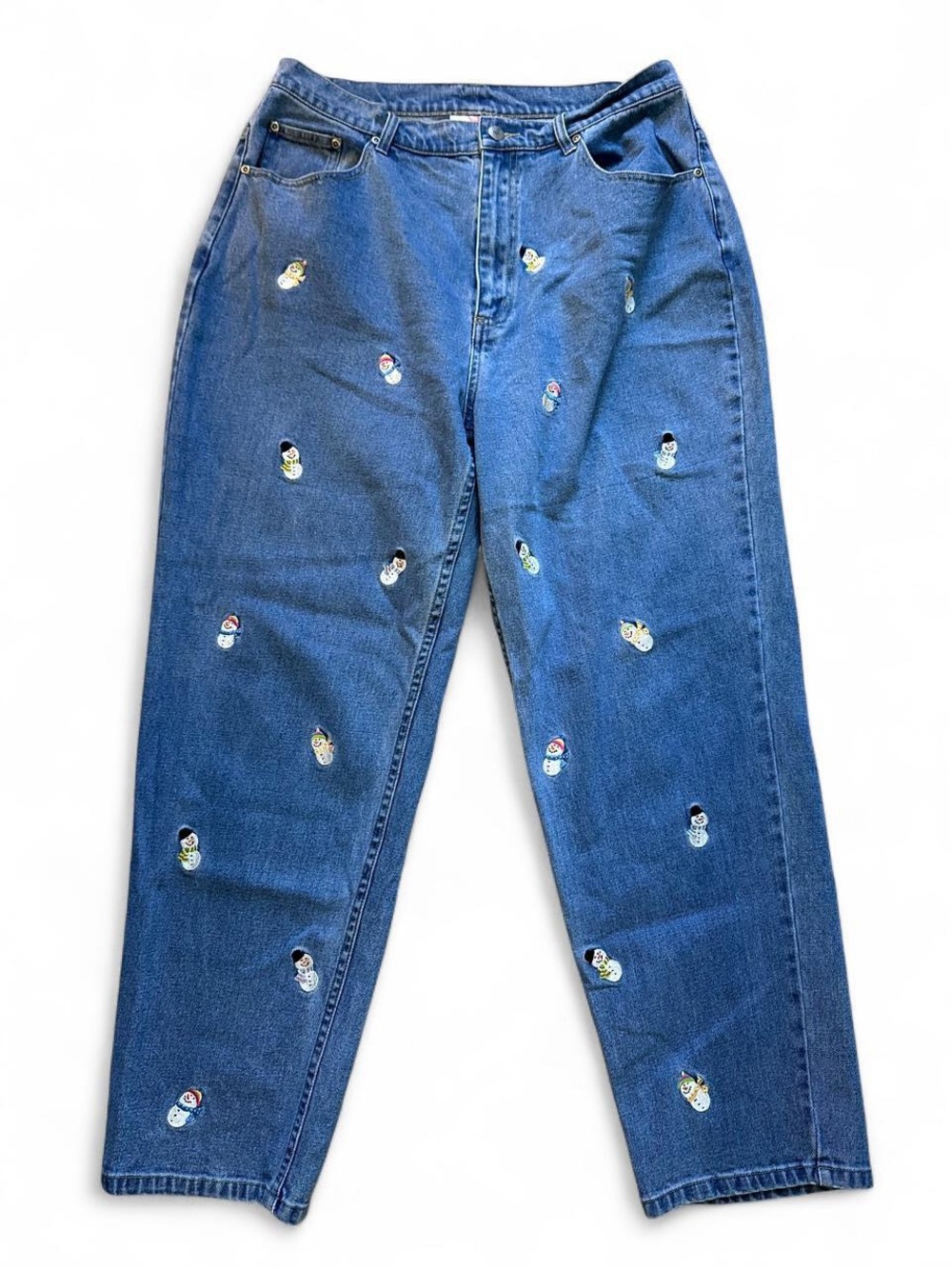 Quacker Factory Blue Straight-Leg Jeans with Multicolor Embroidered Snowmen